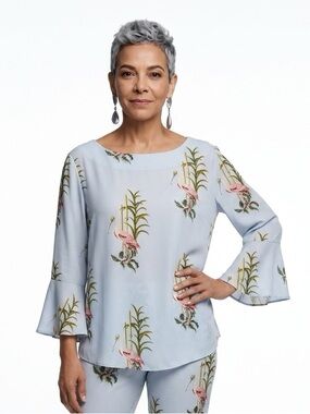 Ann Taylor Womens L Blue Pink Bird Bamboo Print Bell Sleeve Boat Neck Blouse